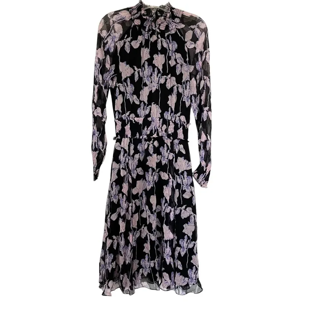 Diane Von Furstenberg Athena Black Purple Floral Printed Silk Midi Dress Size XS
